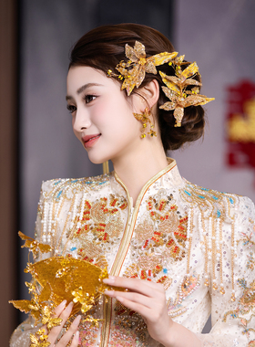 新中式金色流苏花朵发簪新娘头饰