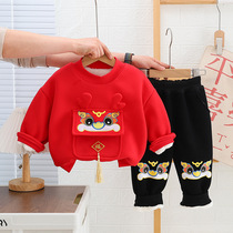 Childrens baby thickened sweatshirt Chinese New Year suit suit men and women winter plus velvet festive clothing New Year uniforms Two sets