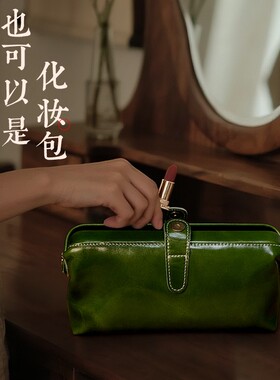 鹿师傅文玩收纳真皮包复古棕色疯马皮油蜡皮牛皮气质高档休闲女士