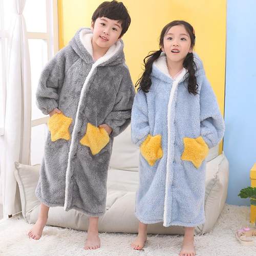 儿童睡袍秋冬季男童女童法兰绒浴袍珊瑚绒长款睡衣加厚宝宝家居服 - 图0