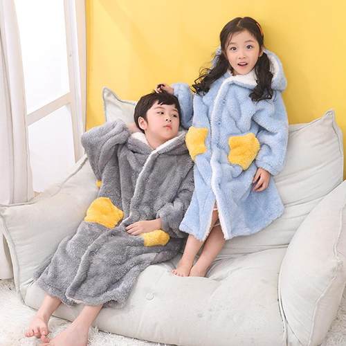 儿童睡袍秋冬季男童女童法兰绒浴袍珊瑚绒长款睡衣加厚宝宝家居服 - 图1