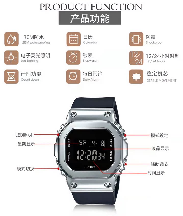 小方块多功能运动防水电子时尚手表 米士奇国产腕表