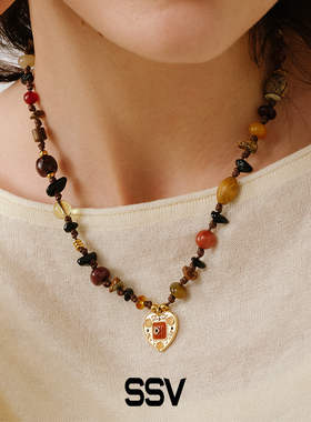 SSV敦煌系列金色爱心吊坠混石蜡绳项链 秋冬轻奢小众美拉德毛衣链