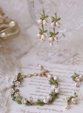 珍珠复古vintage植物铃兰花山谷百合耳钉耳环耳夹手链手镯百搭女