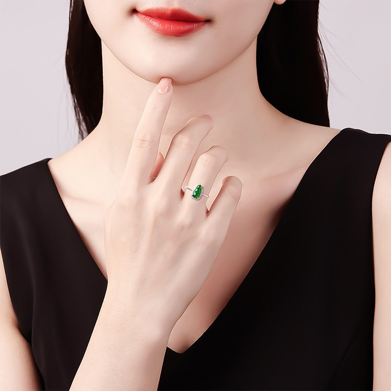S925 silver inlaid with natural A goods jade green bean sun green ice jade ring fashionable ring for women adjustable
