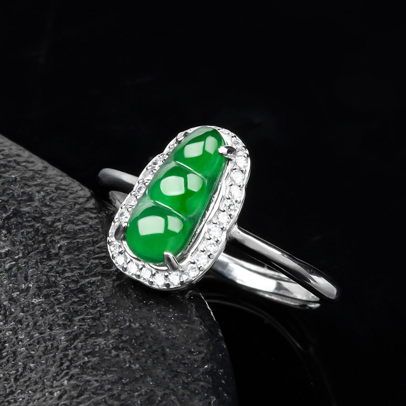S925 silver inlaid with natural A goods jade green bean sun green ice jade ring fashionable ring for women adjustable
