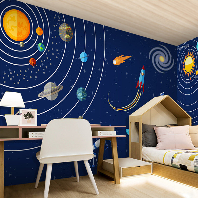 儿童房壁纸幼儿园星空卧室背景墙纸卡通太空男孩房间墙布环保壁画