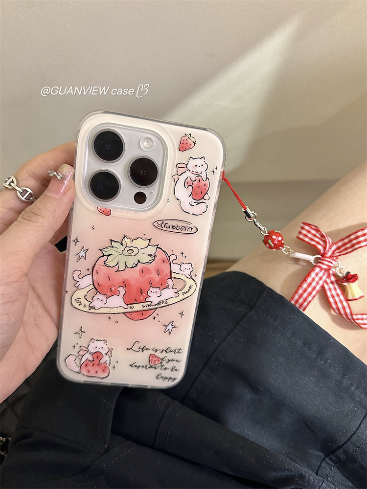 guanview ins卡通草莓星球猫咪插画适用iPhone15ProMax苹果14手机壳链条13全包硅胶12软11卡通软14Pro防摔套-图2