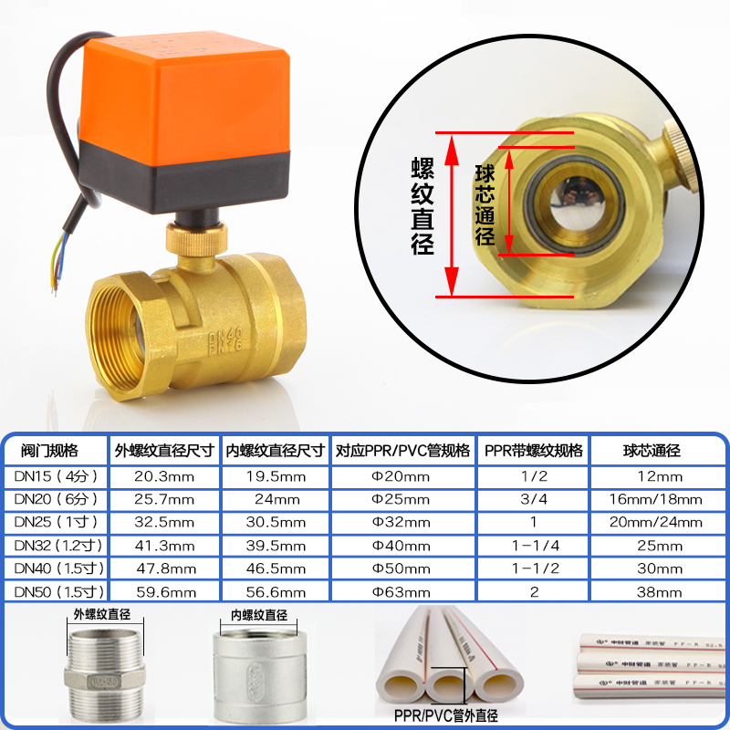 三线二控电动球阀风机盘管中央空调二通阀太阳能热水220V6分DN20