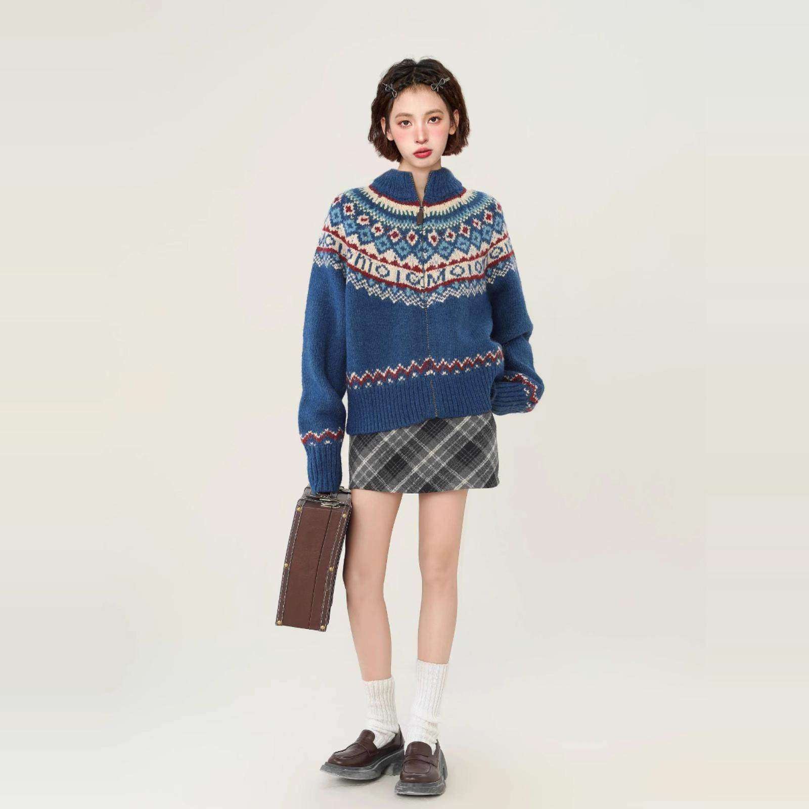 费尔岛蓝色高领毛衣外套女秋冬北欧风复古慵懒风加厚针织开衫冬季,淘宝优惠券,粉丝福利购,淘宝优惠卷