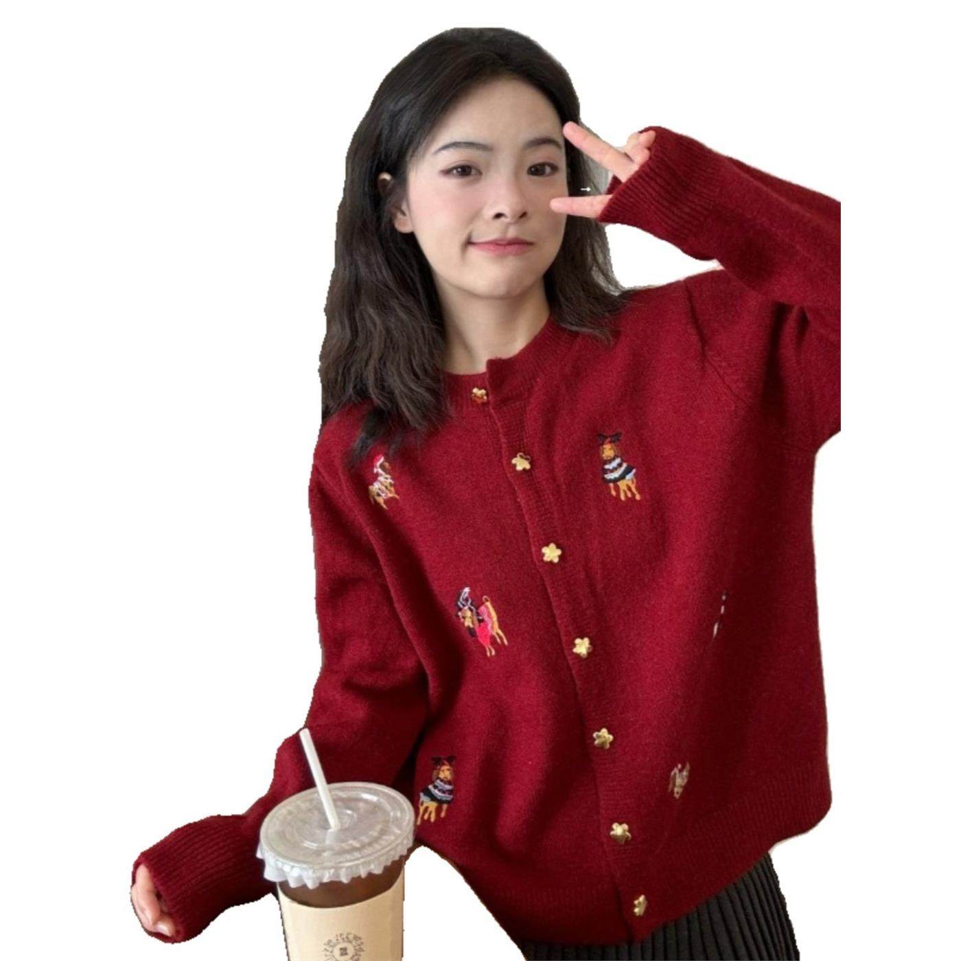 超级好看的新年女性红色毛衣夹克2025秋季大码脂肪毫米减少年龄绣,淘宝优惠券,粉丝福利购,淘宝优惠卷