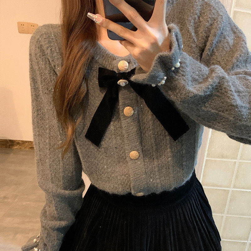 秋冬灰色圆领毛衣女蝴蝶结针织开衫外套亮丝钉珠小香风洋气上衣,淘宝优惠券,粉丝福利购,淘宝优惠卷