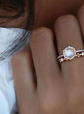 wish新款镀镀黄金镶嵌月光石戒指 欧美仿925银订婚套戒指环r5074