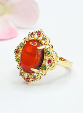 天然琥珀戒指血珀指环指圈民族风首饰男女士时尚个性手饰品礼品