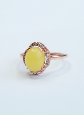 S925银镶天然蜜蜡戒指鸡油黄满蜜琥珀 新中式民族风手饰品礼物