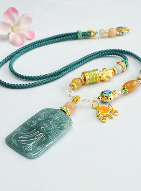 天然A货翡翠吊坠蓝水财源滚滚财神爷玉石挂件项链男女复古风饰品