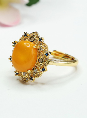 天然琥珀戒指满蜜老蜜蜡指环指圈复古女士款礼品气质文雅大气饰品