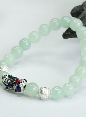 天然缅甸A货翡翠手串S925银招财进宝貔貅铜钱手链男女士时尚饰品