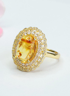 天然琥珀戒指时尚花珀指环指圈珠宝女士复古民族风饰品节日礼物