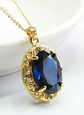 蓝色宝石吊坠培育尖晶石项链复古彩宝新中式民族风男女士饰品礼物