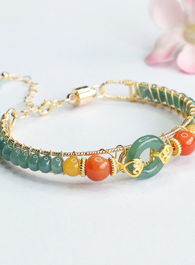 天然A货翡翠平安环时尚轻奢手链蓝水算盘珠玉石手串男女士饰品