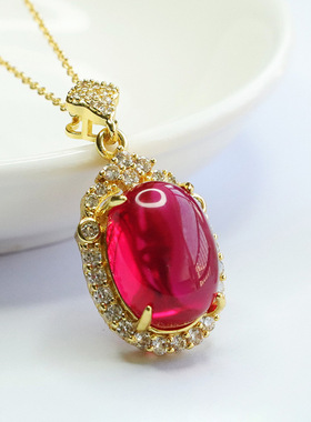 红刚玉鸽子蛋满钻吊坠培育红宝石项链时尚新中式民族风饰品礼物