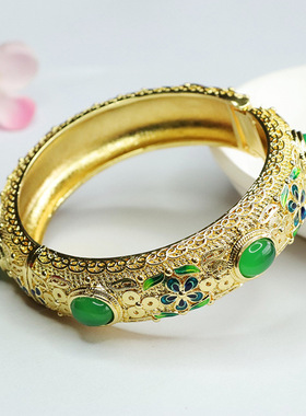 绿玛瑙手镯帝王绿珐琅彩手环手串首饰新中式民族风手饰品女士礼物