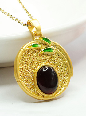 天然琥珀吊坠血珀竹叶圆牌项链宫廷风女士复古民族风饰品时尚礼物