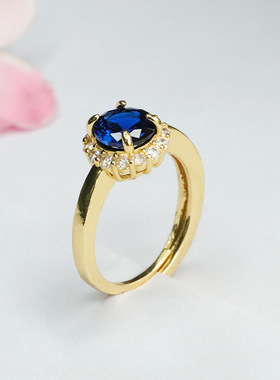 培育尖晶石戒指蓝色宝石指环指圈彩宝首饰女士气质简约饰品礼物