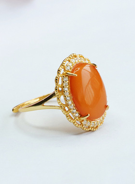 S925银镶天然琥珀戒指老蜜蜡满蜜指环新中式民族风男女手饰品礼物