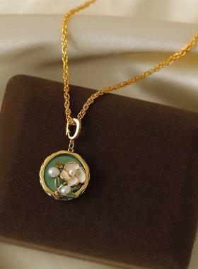 中古vintage绿色油画风珍珠花朵滴釉项链法式宫廷复古风毛衣链女