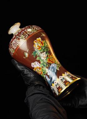 别墅豪宅书房装饰花瓶新中式摆件五彩富贵梅瓶景泰蓝镶玉送礼