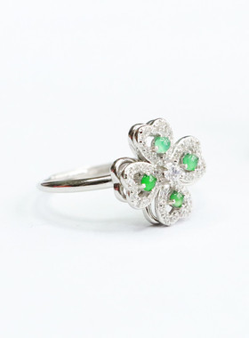 S925银镶天然A货翡翠冰种帝王绿四叶草戒指女士气质时尚手饰品