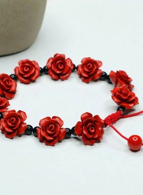 朱砂玫瑰花女神款甜美风手链红砂吉祥纳福手串珠宝饰品送女友礼物