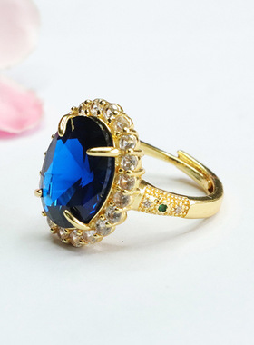 蓝色宝石戒指培育尖晶石指环指圈时尚彩宝新中式民族风手饰品礼物