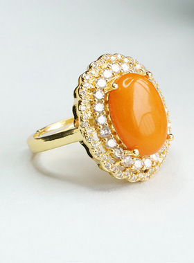 天然琥珀戒指老蜜蜡蕾丝款指环指圈女士款礼品气质时尚饰品老钱风