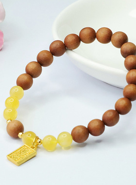 琥珀蜜蜡手串檀木文玩手链女珠宝男女士款本命年百搭手环简约饰品