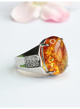 天然琥珀戒指花珀鸽子蛋复古风指环指圈民族风首饰男女士手饰品