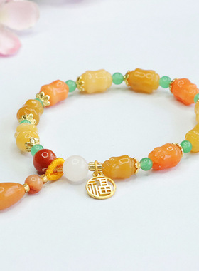 金丝玉手串多彩玉石玉兰花手链新中式民族风手饰品女士款时尚礼物