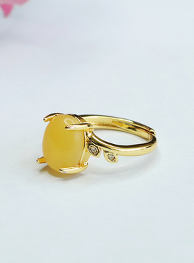 天然蜜蜡戒指满蜜鸡油黄琥珀指环戒子女士时尚复古民族风饰品礼物