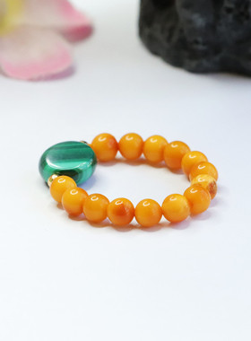 925银镶天然蜜蜡戒指老料满蜜琥珀孔雀石圆牌无事牌指环珠宝戒圈