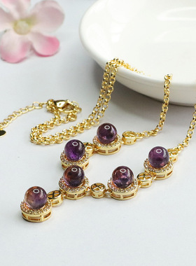 天然紫水晶项链紫色彩宝六珠套链轻奢珠宝女士款民族风饰品礼物