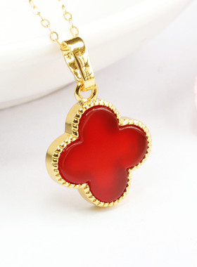 红玛瑙四叶草包边镶玉髓吊坠珠宝新中式时尚百搭锁骨链挂件不含链