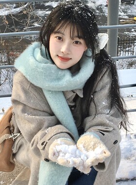 绿色针织流苏围巾女配大衣围脖