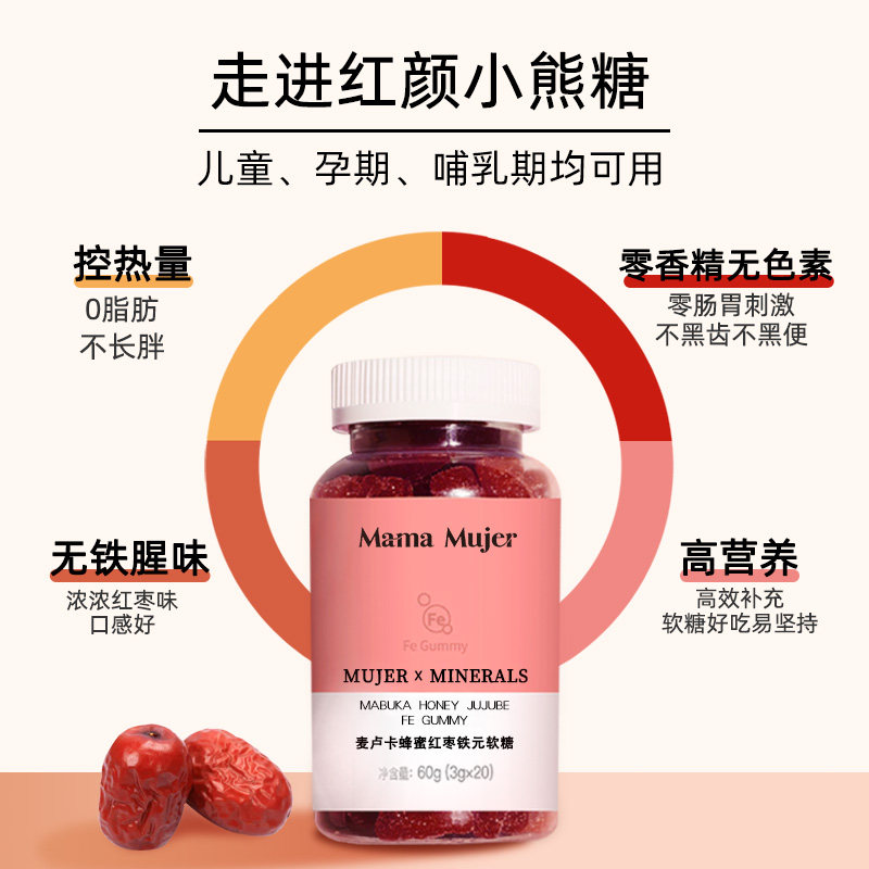 Mama Mujer 慕婕 麦卢卡蜂蜜红枣铁元软糖 60g共20颗 天猫优惠券折后¥24包邮(¥69-45)