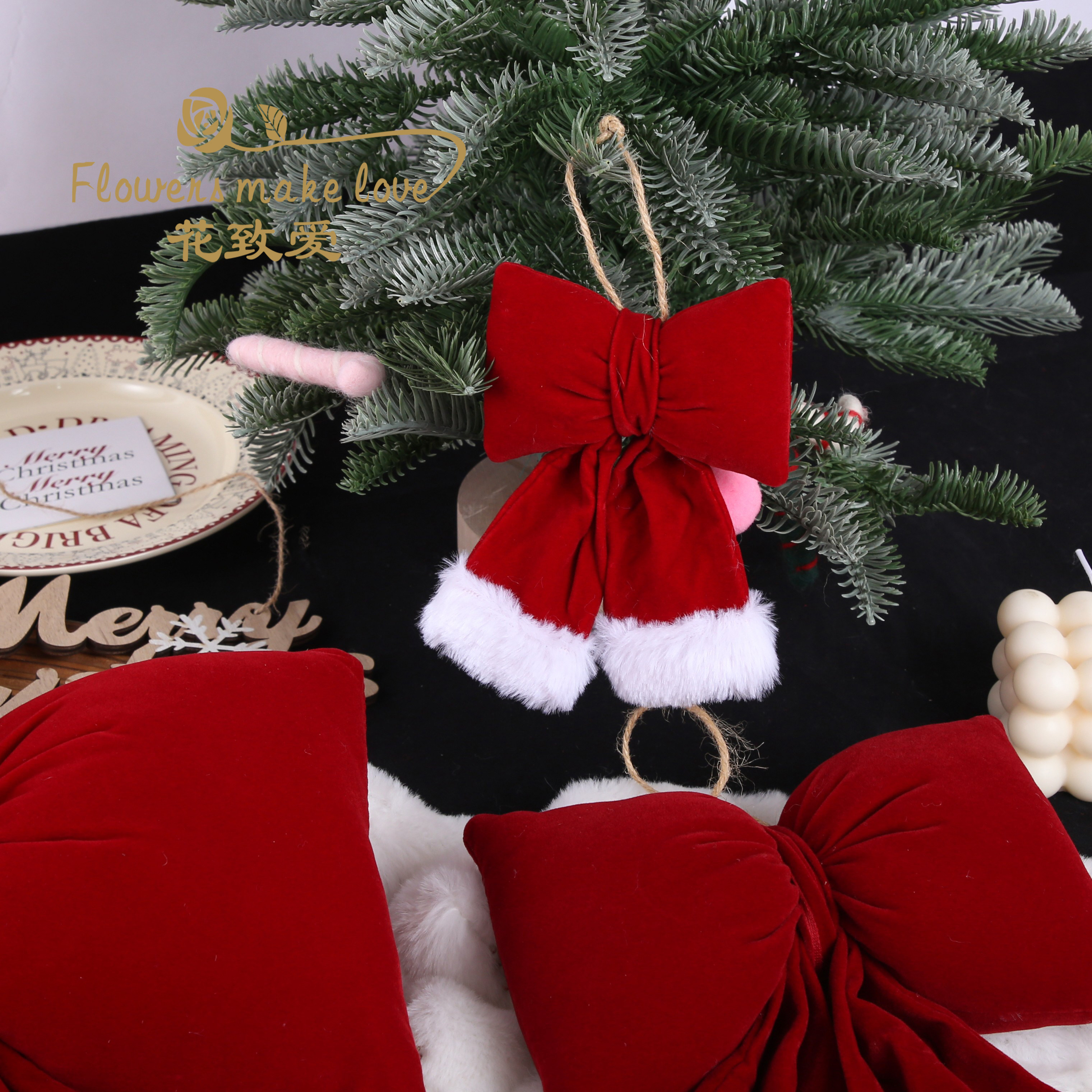 圣诞节装饰高档绒布立体红色蝴蝶结圣诞树装饰节日氛围布置花资材,淘宝优惠券,粉丝福利购,淘宝优惠卷