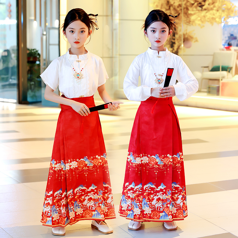 中国风女童古装马面裙套装小女孩汉服裙夏季儿童童装明制唐装春秋 - 图0