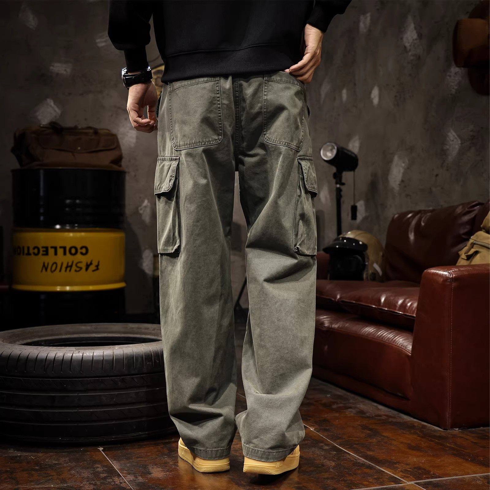 大码美式复古纯棉高端工装裤男士春秋新款军绿色宽松直筒休闲裤子,淘宝优惠券,粉丝福利购,淘宝优惠卷