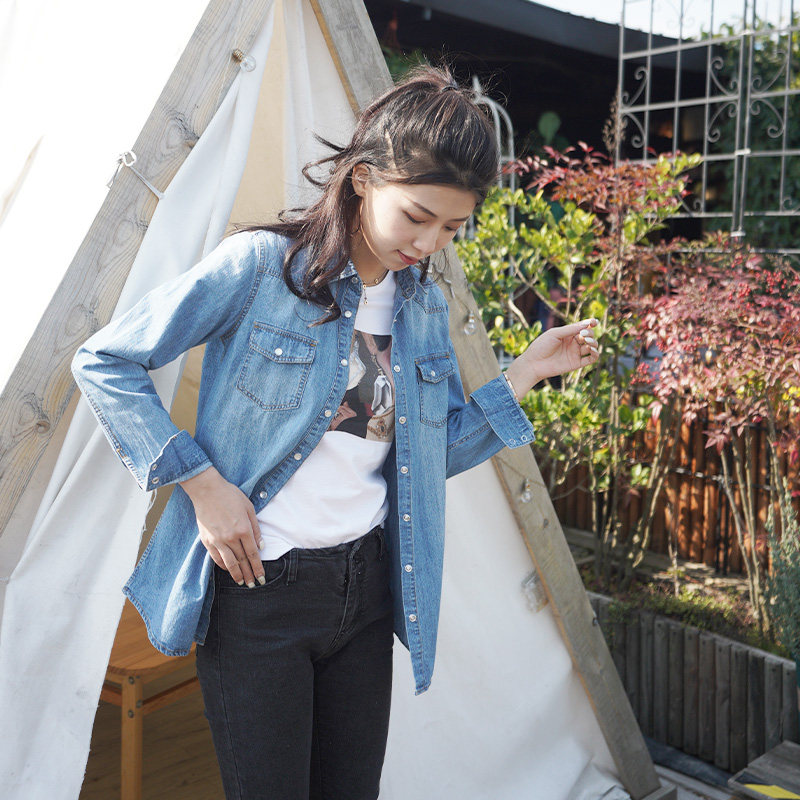 牛仔早春新款韩版修身纯棉打底衬衫 三围一体衬衫