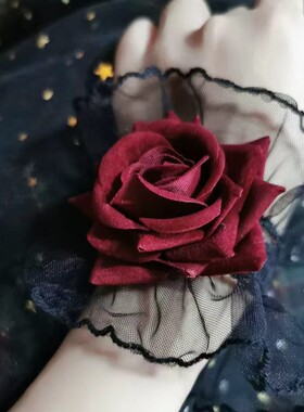 暗黑系lolita洛丽塔蕾丝手腕套手袖女酒红色玫瑰花礼服袖套有气质